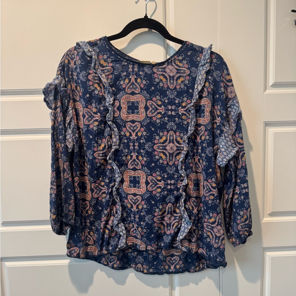 True Craft Boho Peasant Blouse 3/4 Sleeve Navy 100% Cotton Light Weight Sz Small